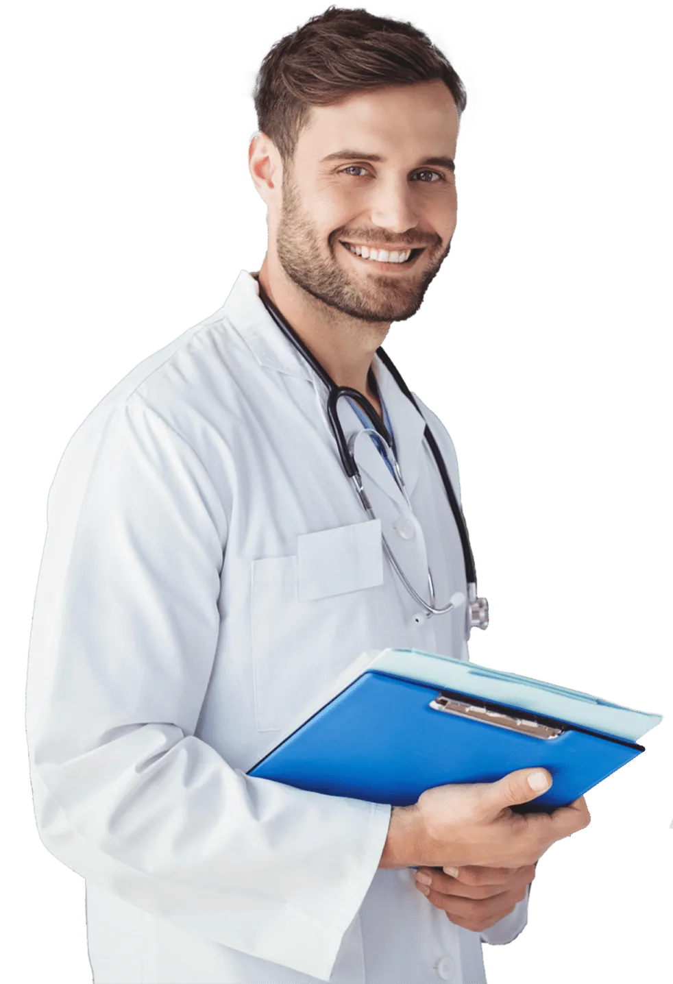 Smiling doctor holding a clipboard